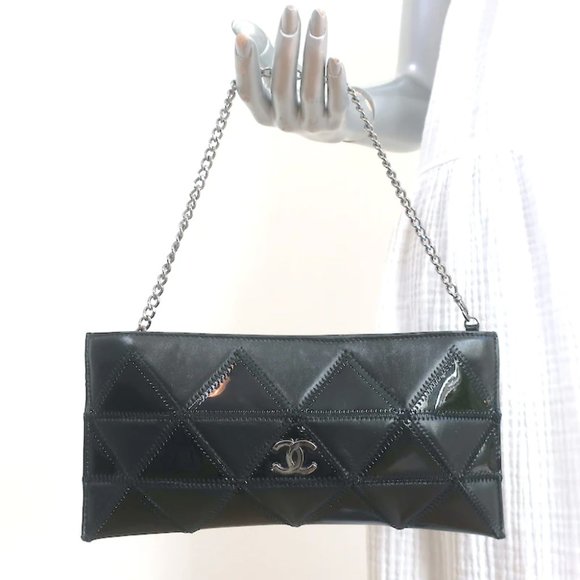 Chanel Handbags - Chanel 2003 CC Chain Strap Flat Bag Black Triangle Quilted Patent & Leather